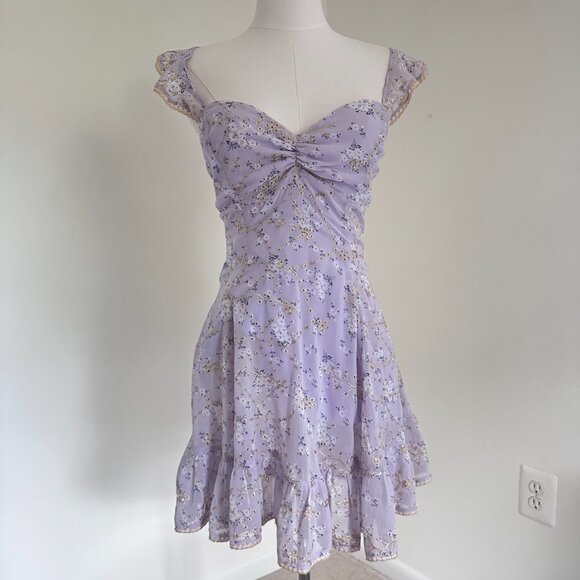 Lucy in the Sky Ruffle Strap Fit and Flare Mini Dress | Purple Floral | Size S - Picture 4 of 10